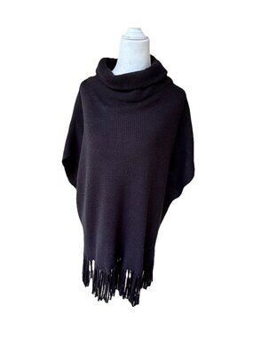 Oversized Cowl Neck Sweater Poncho Fringe Black One Size Fits All